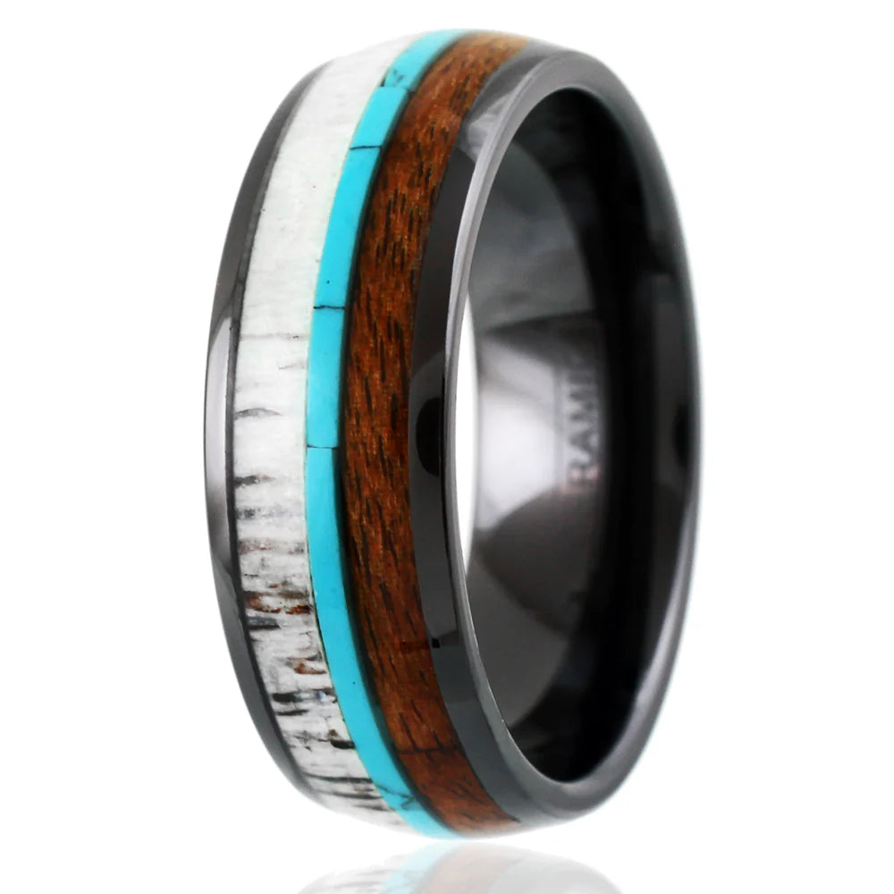 NEW - 8mm  Black Ceramic Dome Ring with Beautiful Deer Antler, Turquoise, & Koa Wood Inlays