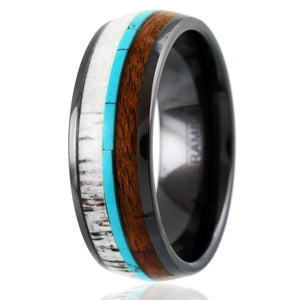 NEW - 8mm  Black Ceramic Dome Ring with Beautiful Deer Antler, Turquoise, & Koa Wood Inlays