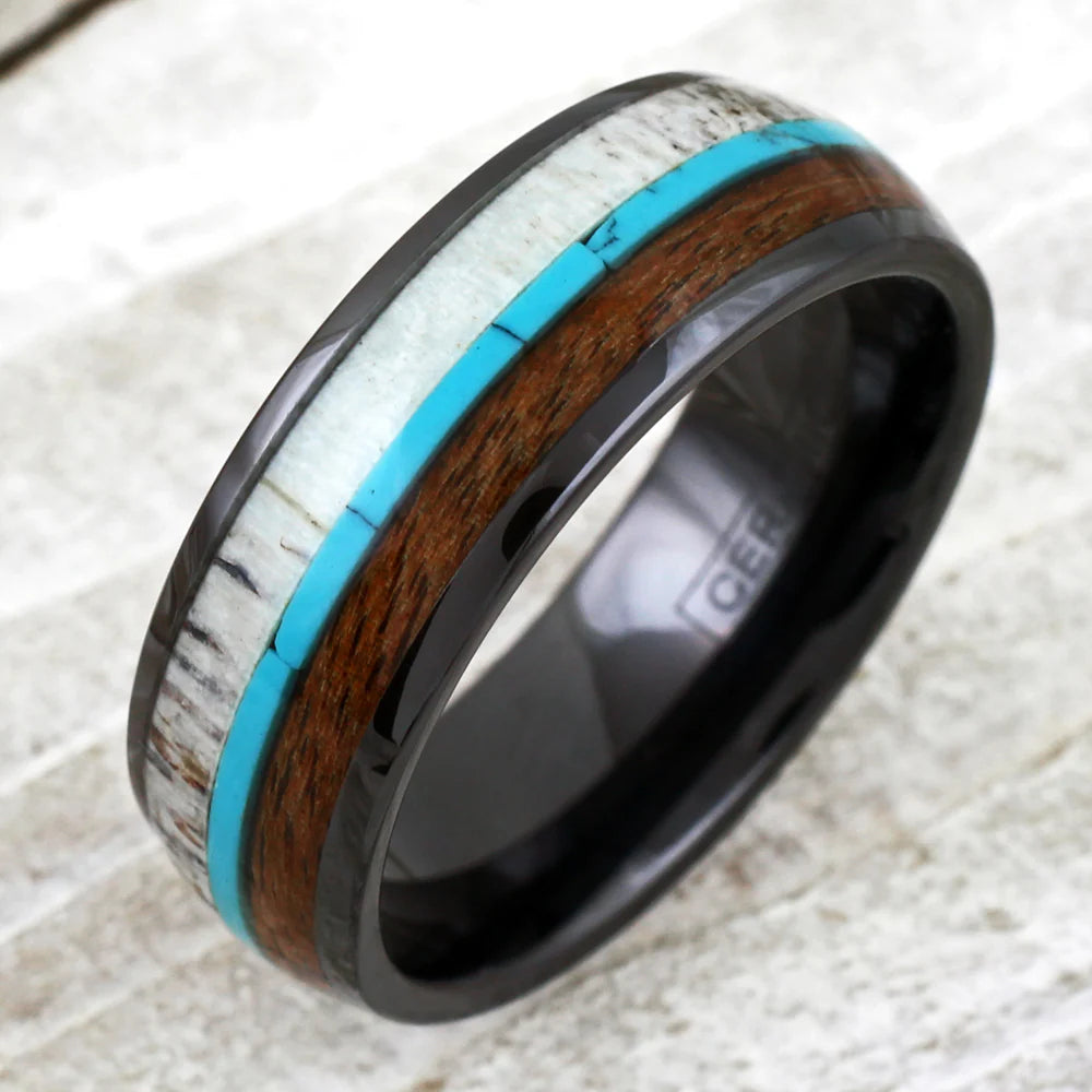 NEW - 8mm  Black Ceramic Dome Ring with Beautiful Deer Antler, Turquoise, & Koa Wood Inlays