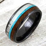 NEW - 8mm  Black Ceramic Dome Ring with Beautiful Deer Antler, Turquoise, & Koa Wood Inlays