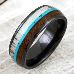 NEW - 8mm  Black Ceramic Dome Ring with Beautiful Deer Antler, Turquoise, & Koa Wood Inlays