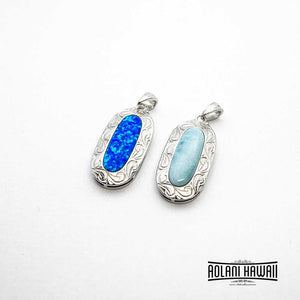 Hawaiian Design Blue Opal / Larimar Stone Inlaid Sterling Silver Pendant