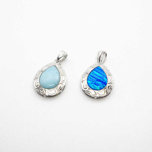 Teardrop Shape Blue Opal / Larimar Stone Inlaid Sterling Silver