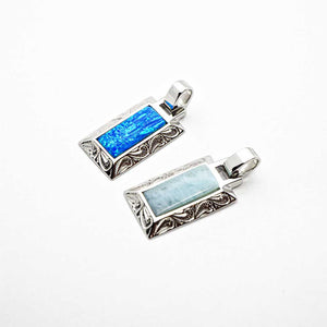 Rectangular  Blue Opal / Larimar Stone Inlaid Sterling Silver Pendant