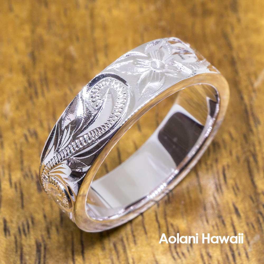 Heavy Hawaiian Jewelry Ring - Hand Engraved Sterling Silver Flat Ring (6mm width, Flat style)