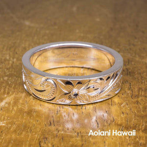 Heavy Hawaiian Jewelry Ring - Hand Engraved Sterling Silver Flat Ring (6mm width, Flat style)