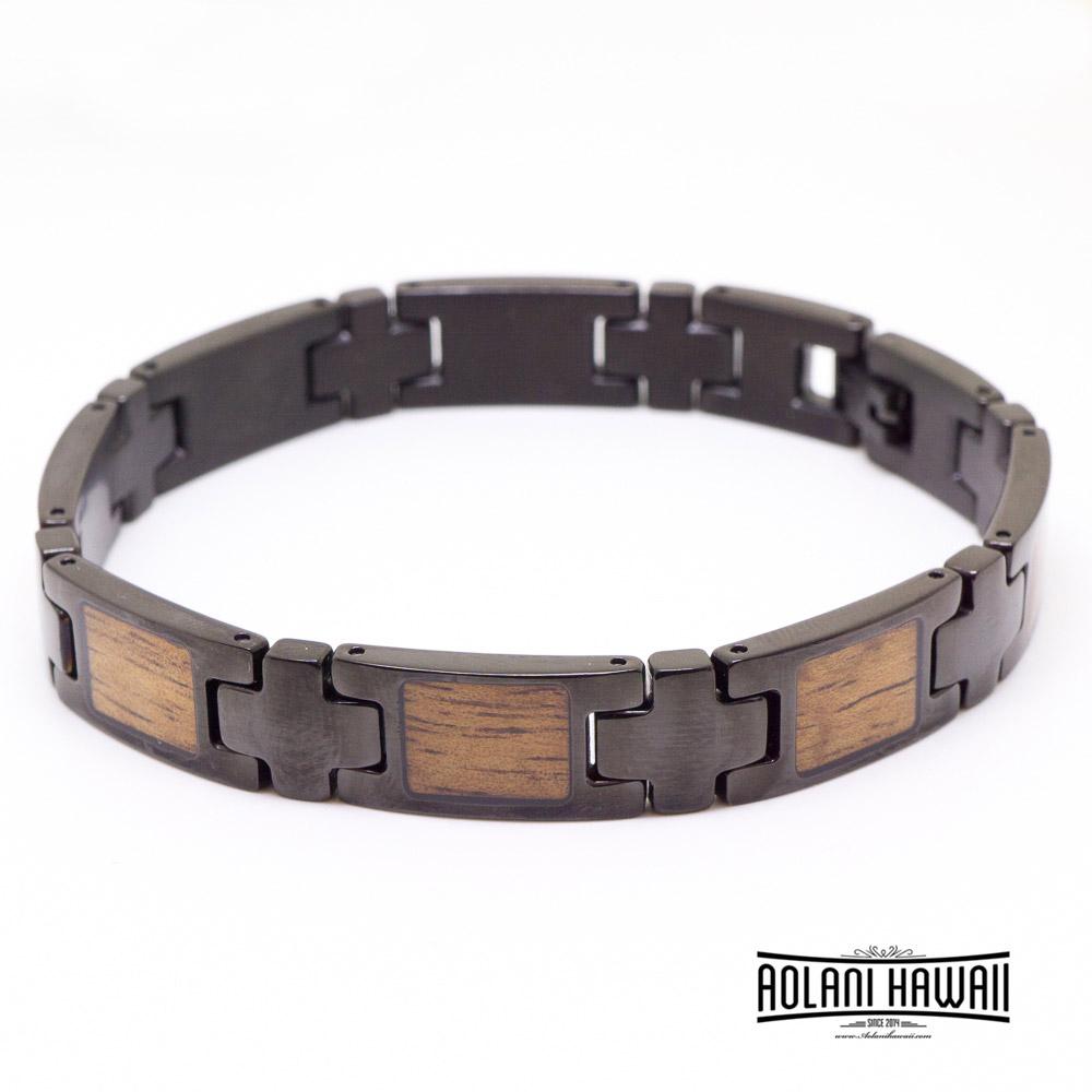 Ion Plated Black Stainless Steel Bracelet with Hawaiian Koa Wood Inlay