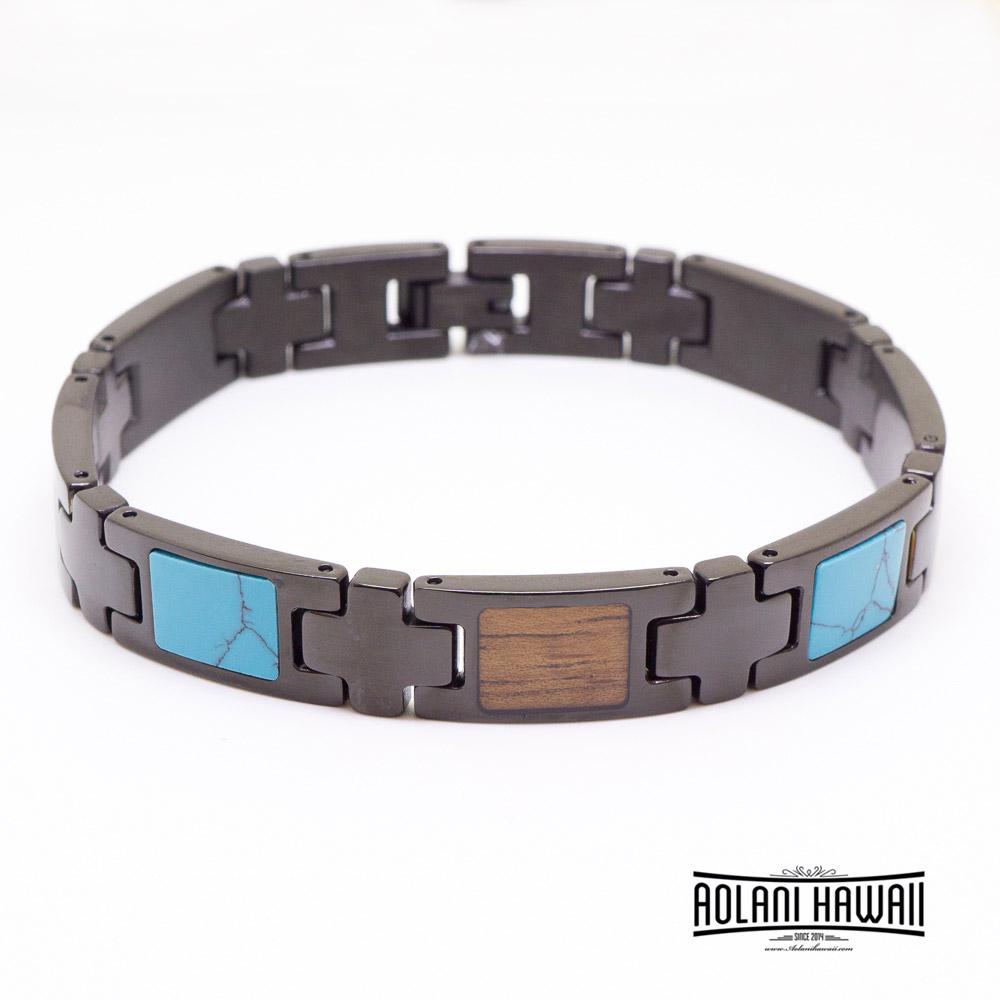 Koa Wood Turquoise Ion Plated Black Stainless Steel Bracelet