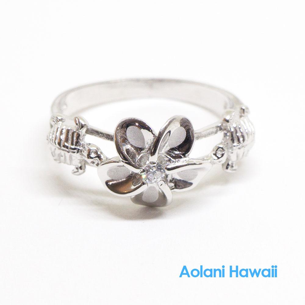 
            
                Load image into Gallery viewer, Silver Plumeria Flower &amp;amp; Honu Turtle Ring with CZ Stone
            
        