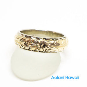 Traditional Hawaiian Hand Engraved 14k Two Tone Gold Ring 6mm x 4mm (Barrel style)