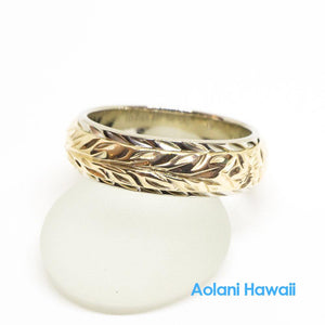 Traditional Hawaiian Hand Engraved 14k Two Tone Gold Ring 6mm x 4mm (Barrel style)
