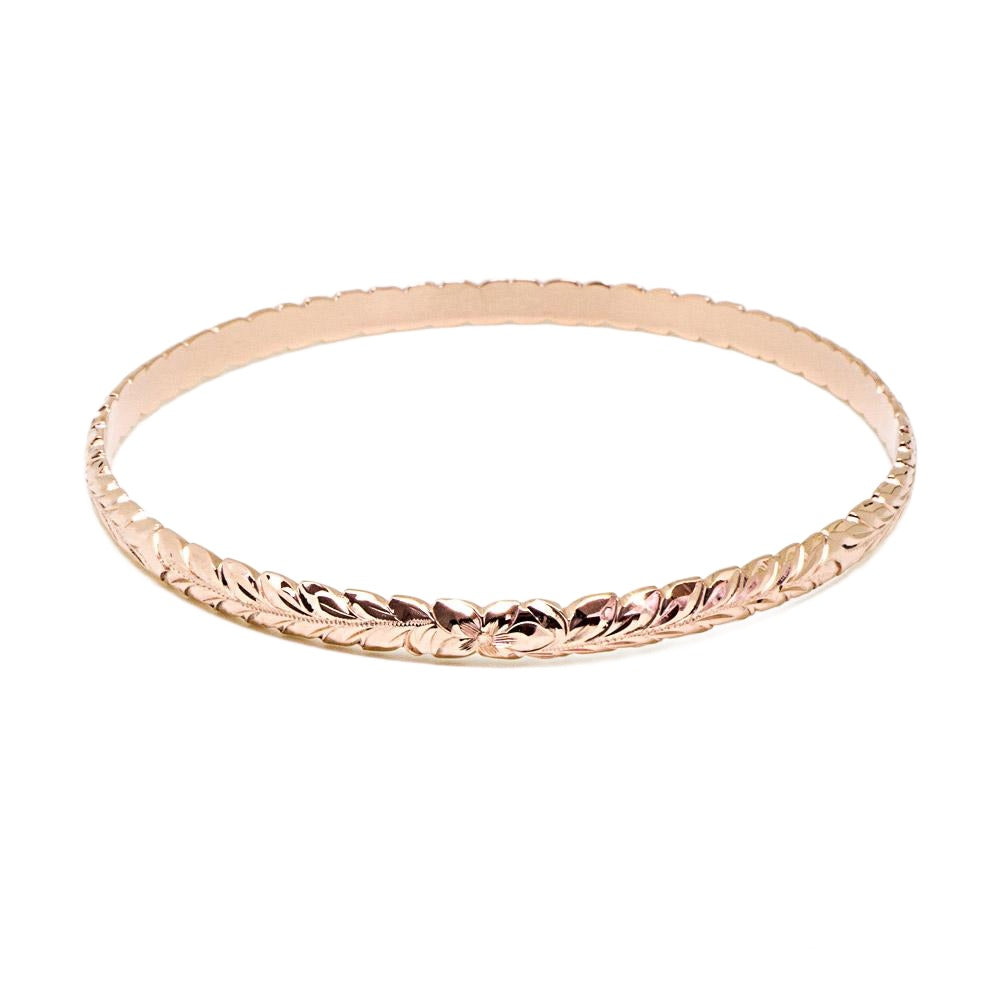 14K Gold Hawaiian Traditional Maile Design Bracelet Bangle (4mm Barrel)