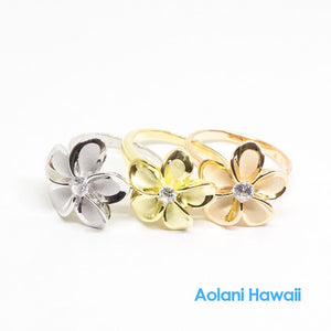 Silver Gold Plumeria Flower Ring with CZ Stone