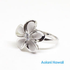 Silver Gold Plumeria Flower Ring with CZ Stone