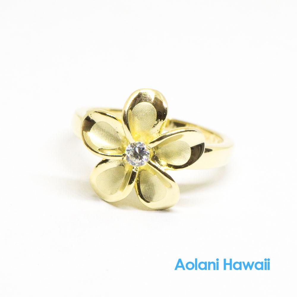 Silver Gold Plumeria Flower Ring with CZ Stone