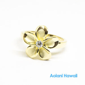 Silver Gold Plumeria Flower Ring with CZ Stone