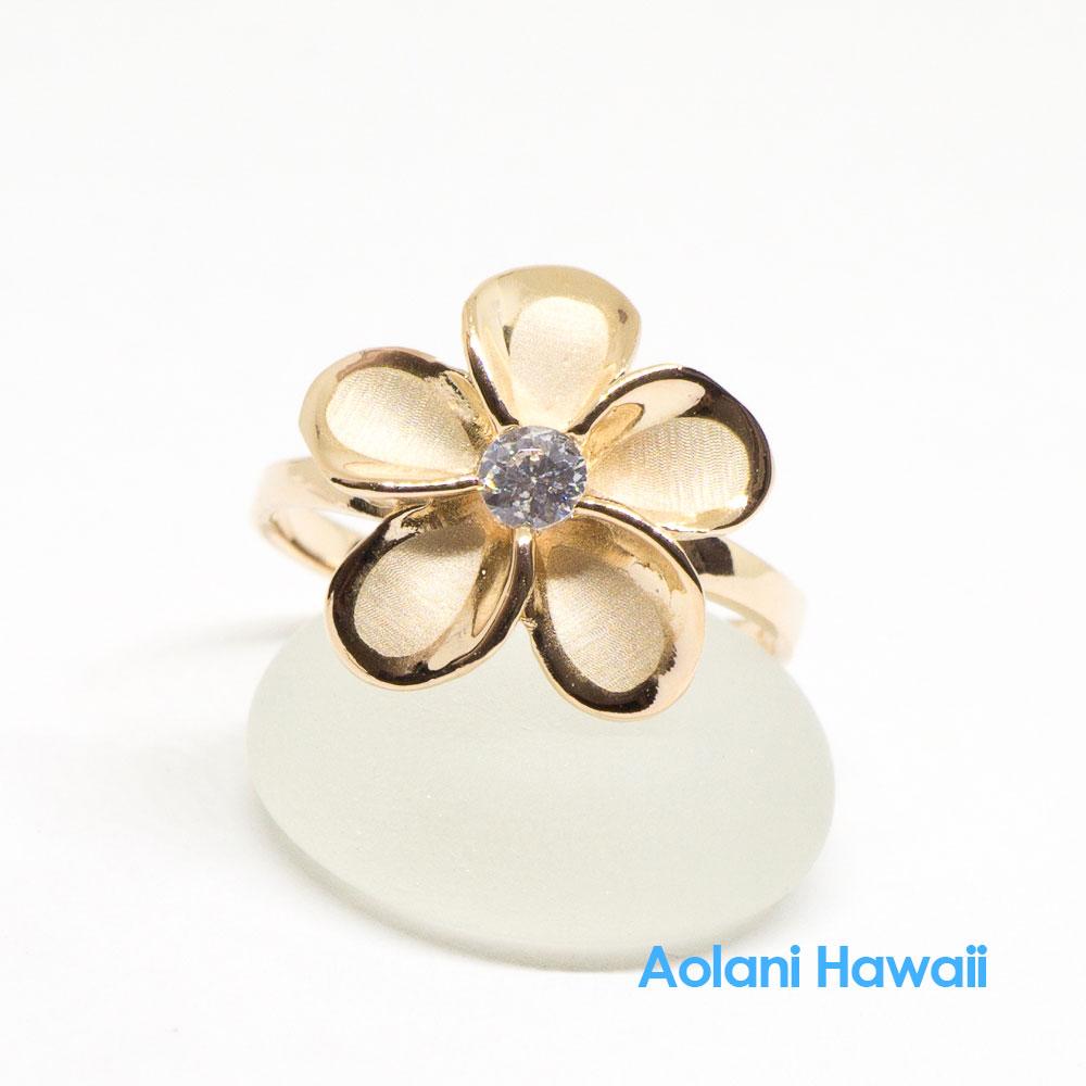 Silver Gold Plumeria Flower Ring with CZ Stone