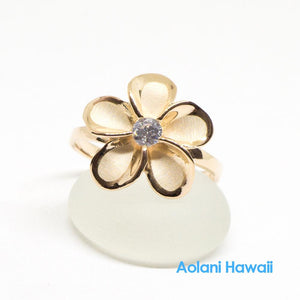 Silver Gold Plumeria Flower Ring with CZ Stone