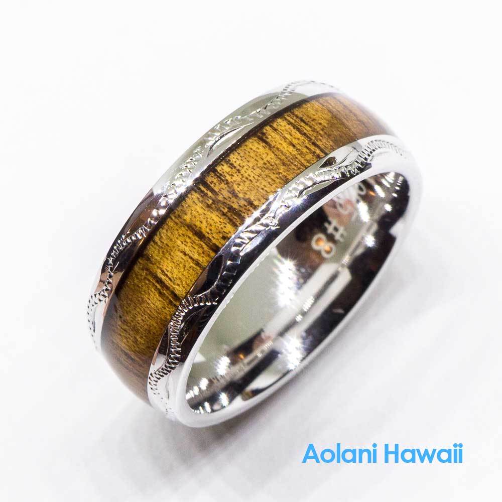 Sterling Silver Koa Wood Ring (6mm-8mm width, Barrel style)