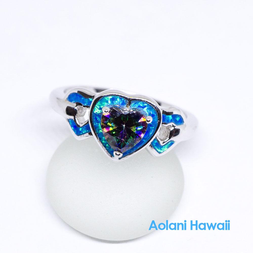 Heart Shape Mystic Topaz and Opal 925 Sterling Silver Inlay Ring