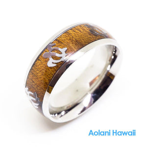 
            
                Load image into Gallery viewer, Honu Turtle Stainless Ring with Hawaiian Koa Wood (8mm width, Barrel Style)
            
        