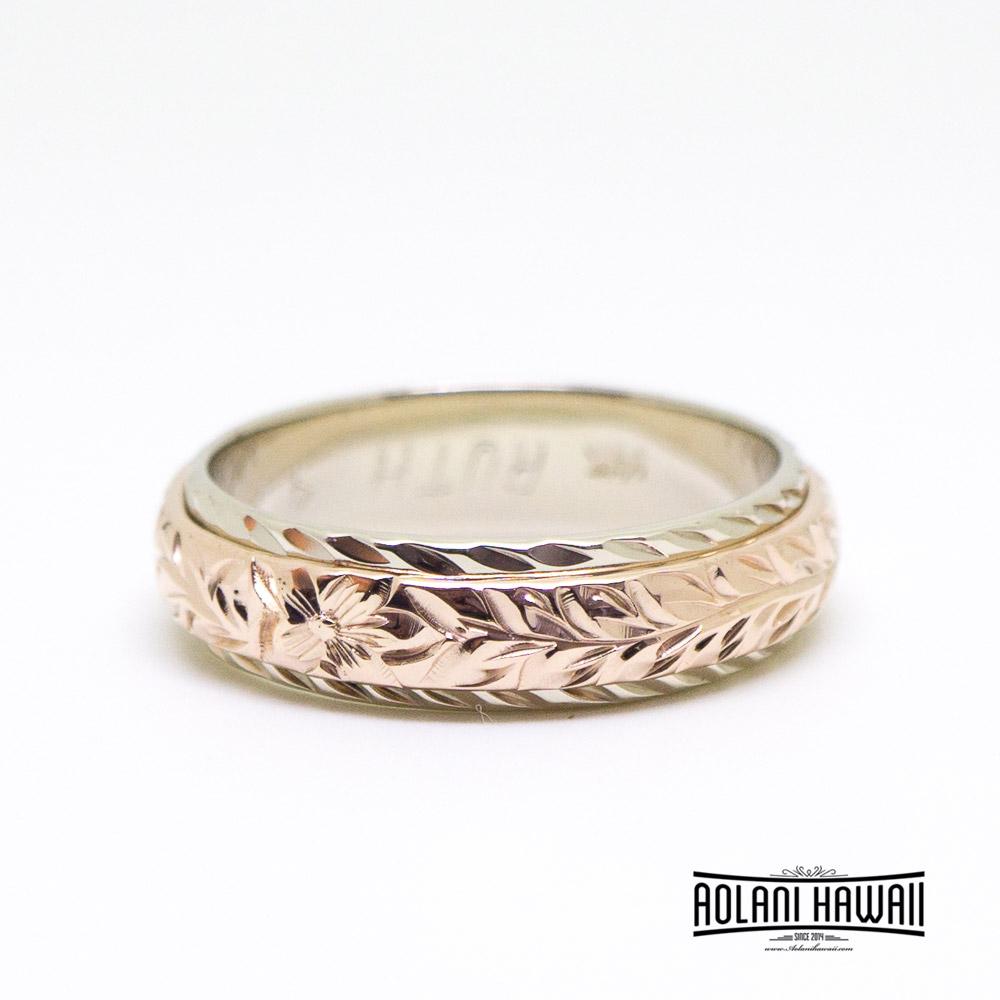 Traditional Hawaiian Hand Engraved 14k Two Tone Gold Ring 6mm x 4mm (Barrel style)