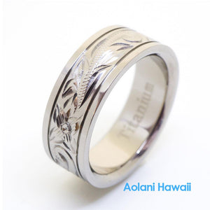 Titanium Ring with Hand engraved Hawaiian Designs (6mm - 10mm width, Flat style)