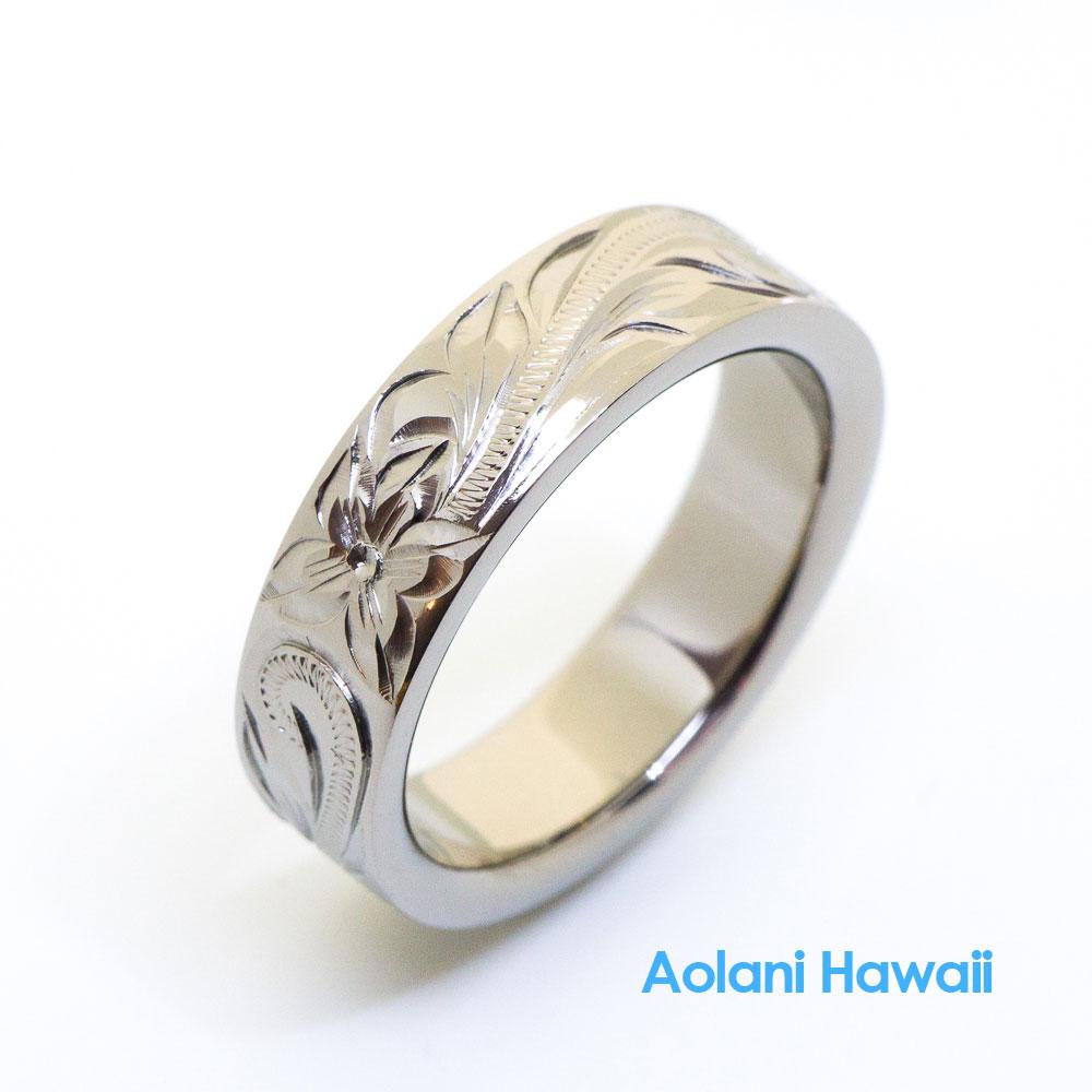 Titanium Ring with Hand engraved Hawaiian Designs (6mm width, Flat style)