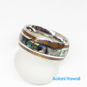 
            
                Load image into Gallery viewer, Stainless Steel Koa Wood Abalone Wedding Ring (8mm width, Barrel style)
            
        