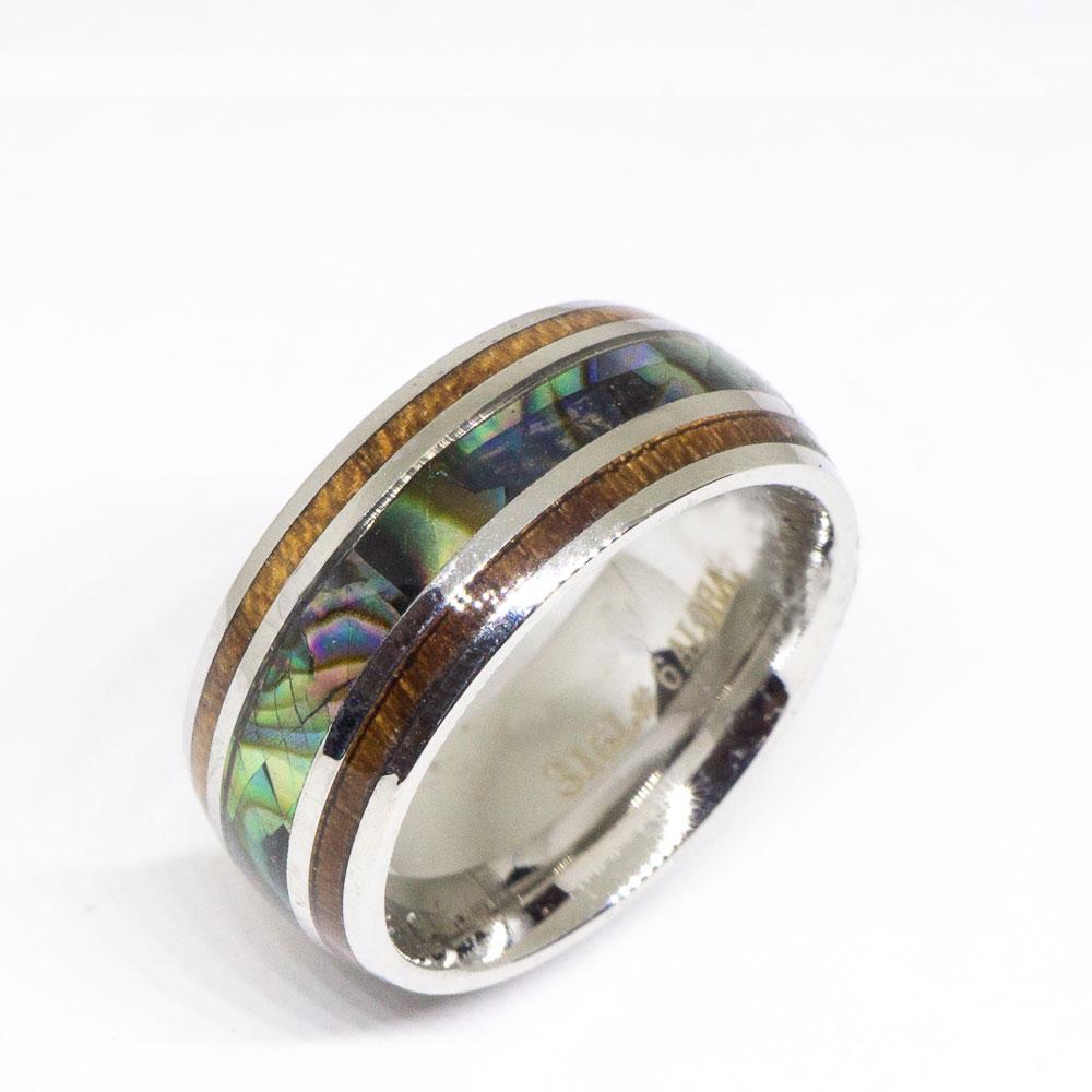 
            
                Load image into Gallery viewer, Stainless Steel Koa Wood Abalone Wedding Ring (8mm width, Barrel style)
            
        