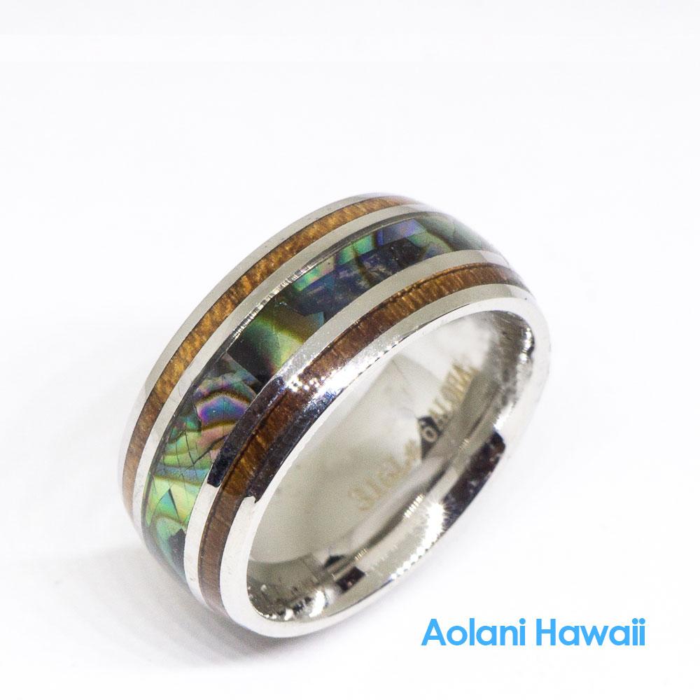 Stainless Steel Koa Wood Abalone Wedding Ring (8mm width, Barrel style)