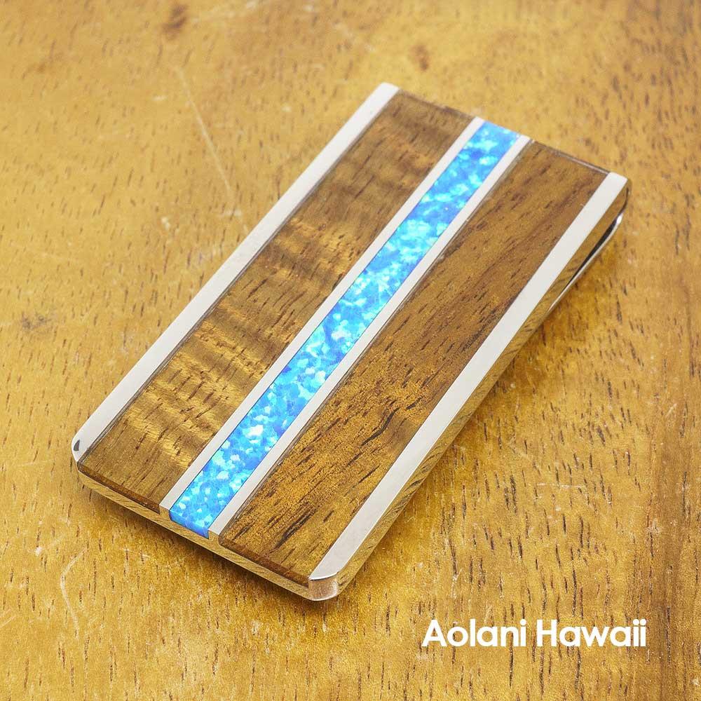Stainless Steel Money Clip with Koa Wood and Blue Opal Inlay