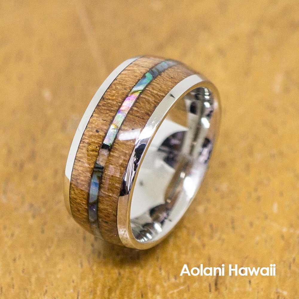 
            
                Load image into Gallery viewer, Koa Wood Abalone Stainless Steel Ring (8mm width, Barrel Style)
            
        