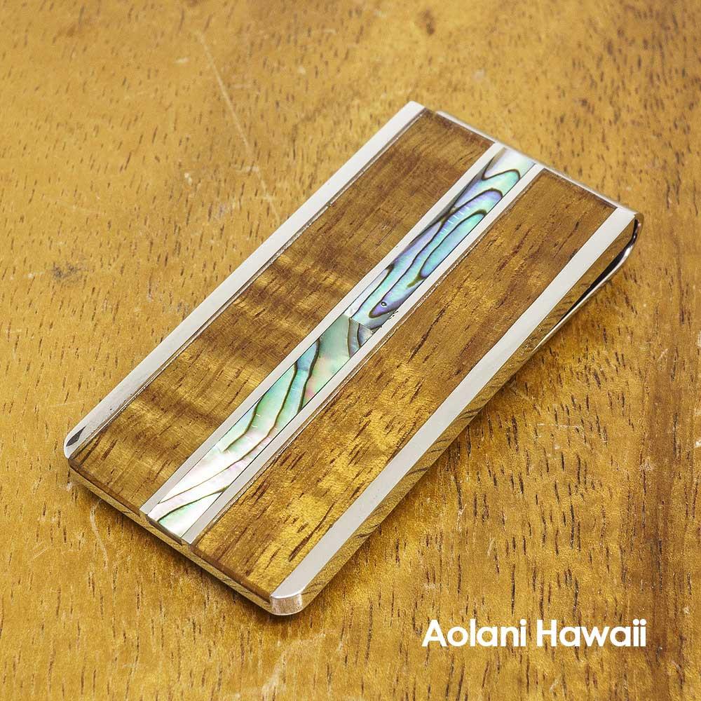 Stainless Steel Money Clip With Koa Wood and Abalone Inlay