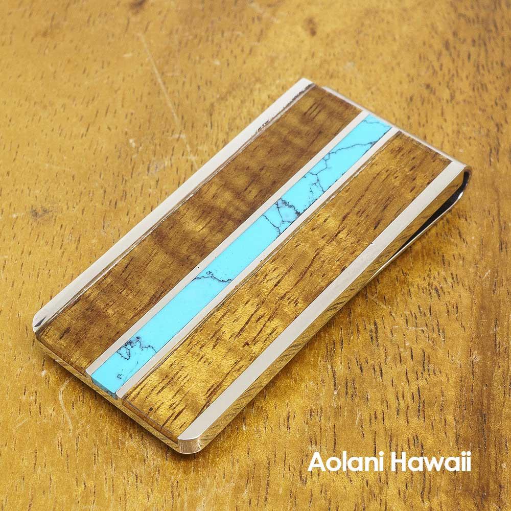 
            
                Load image into Gallery viewer, Stainless Steel Money Clip with Koa Wood and Blue Turquoise Inlay
            
        