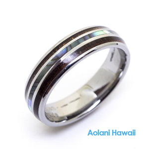 Tungsten Carbide Koa Wood Abalone Wedding Ring
