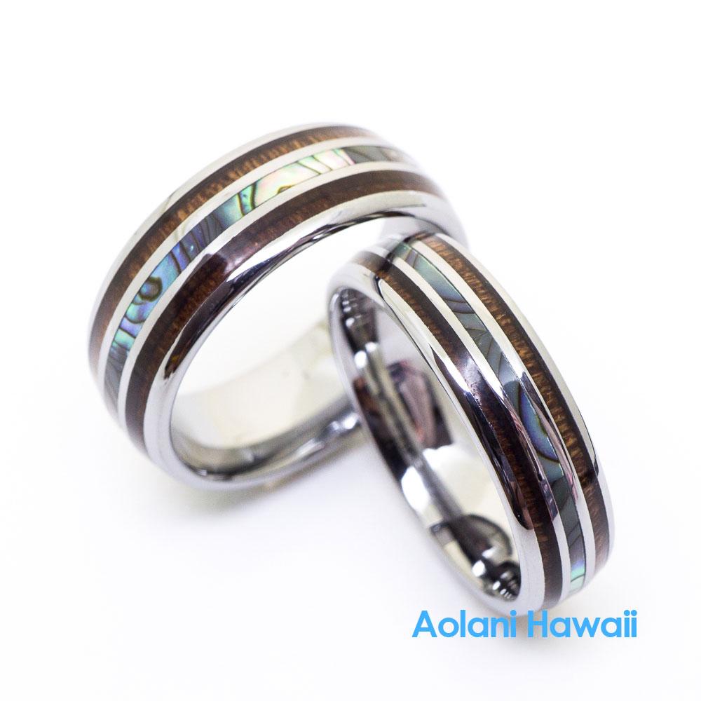 Tungsten Carbide Koa Wood Abalone Wedding Ring