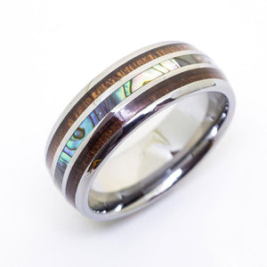 Tungsten Carbide Koa Wood Abalone Wedding Ring