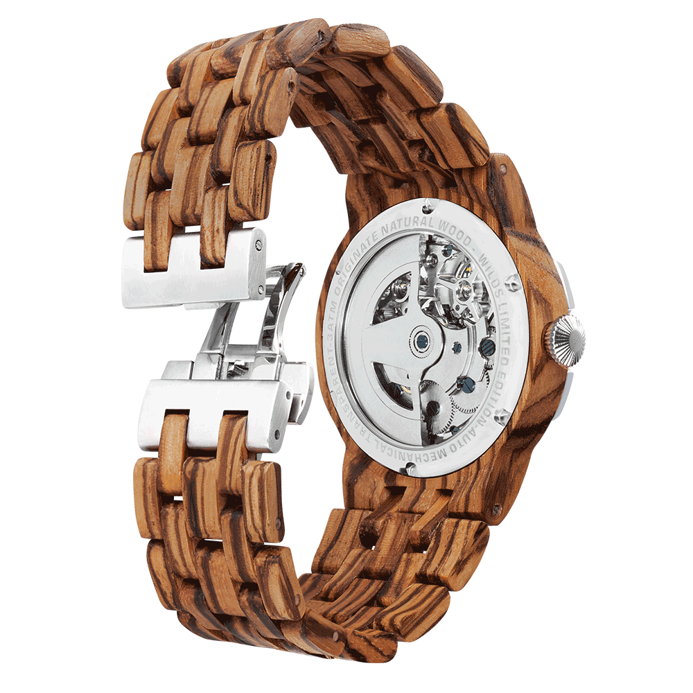 NEW - Men's Dual Wheel Automatic Zebra Wood Watch