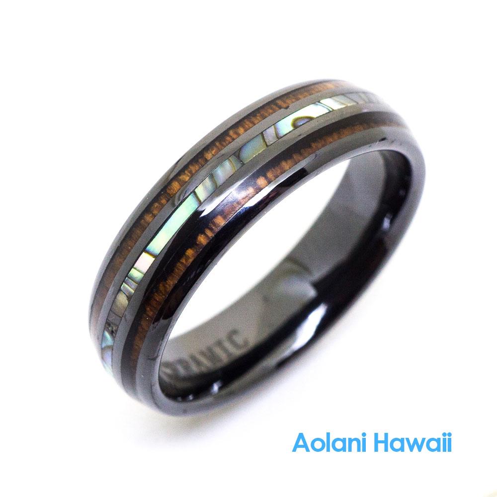 HI-Tech Ceramic Koa Wood Abalone Wedding Ring