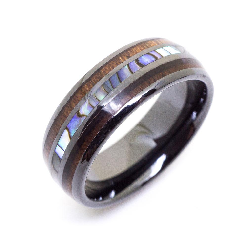 
            
                Load image into Gallery viewer, HI-Tech Ceramic Koa Wood Abalone Wedding Ring
            
        