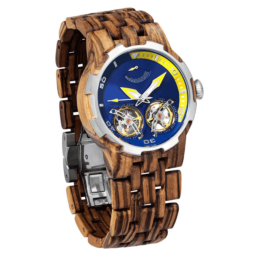 NEW - Men's Dual Wheel Automatic Zebra Wood Watch