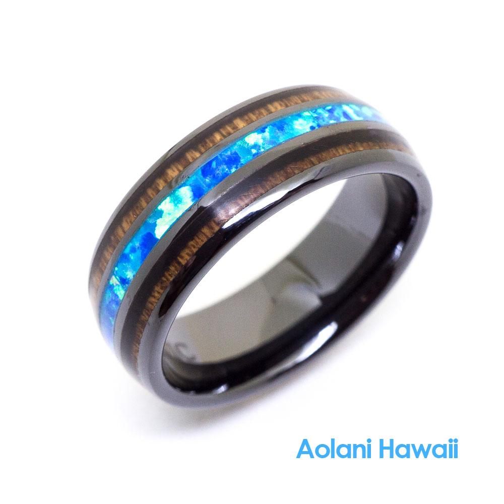 Opal HI-Tech Ceramic Koa Wood Wedding Ring