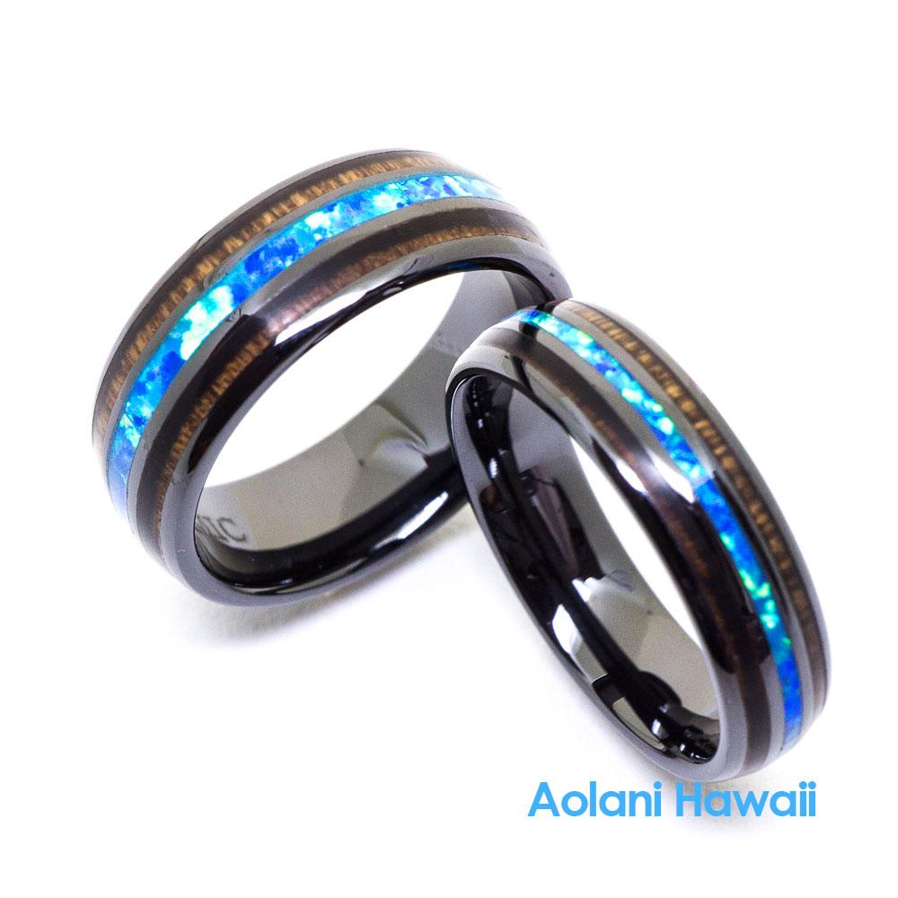 Opal HI-Tech Ceramic Koa Wood Wedding Ring