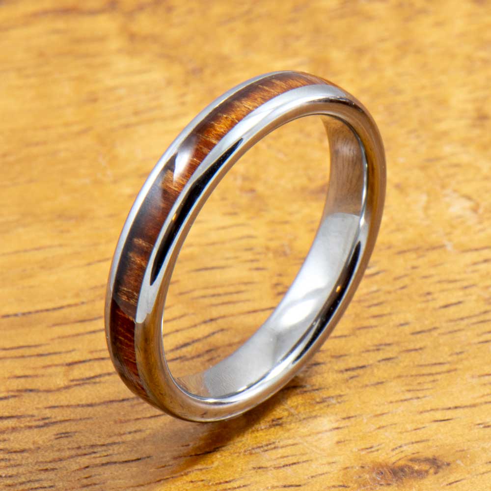 Koa Wood Tungsten Ring with Koa Wood Inlay (4mm width,Barrel style)
