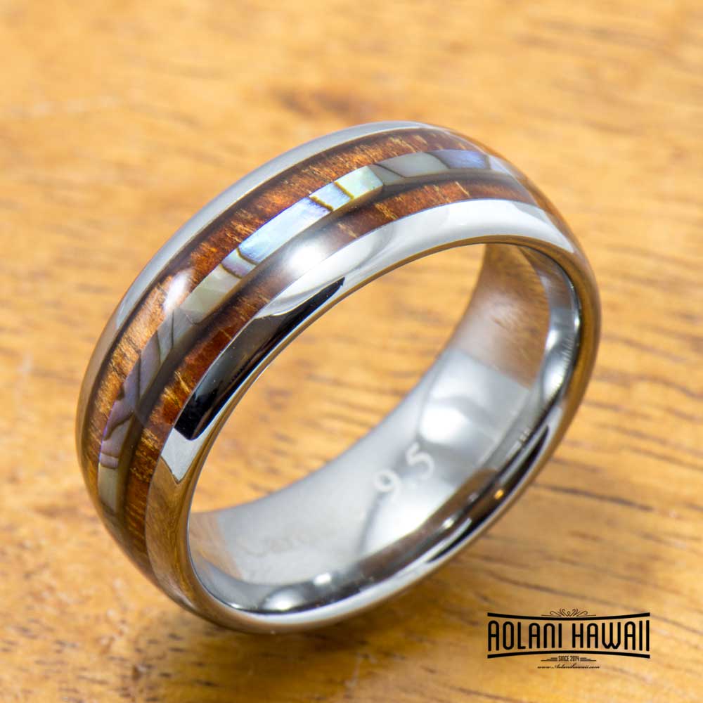 Abalone and Koa Wood Inlay Tungsten Ring (6mm - 8mm Width, Barrel style)