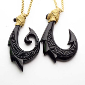 Handmade Hawaiian Black Buffalo Bone Fishhook Pendant Necklace