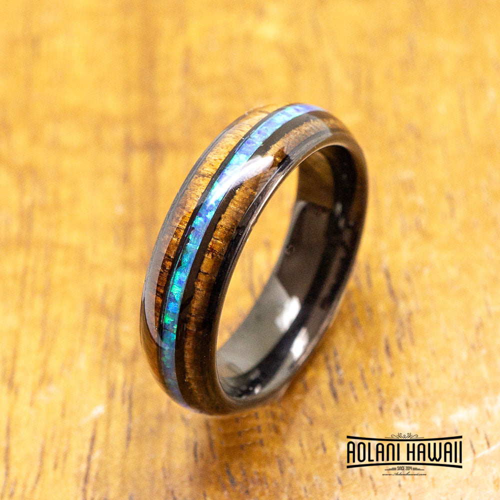 Opal Black Tungsten Ring with Koa Wood Inlay