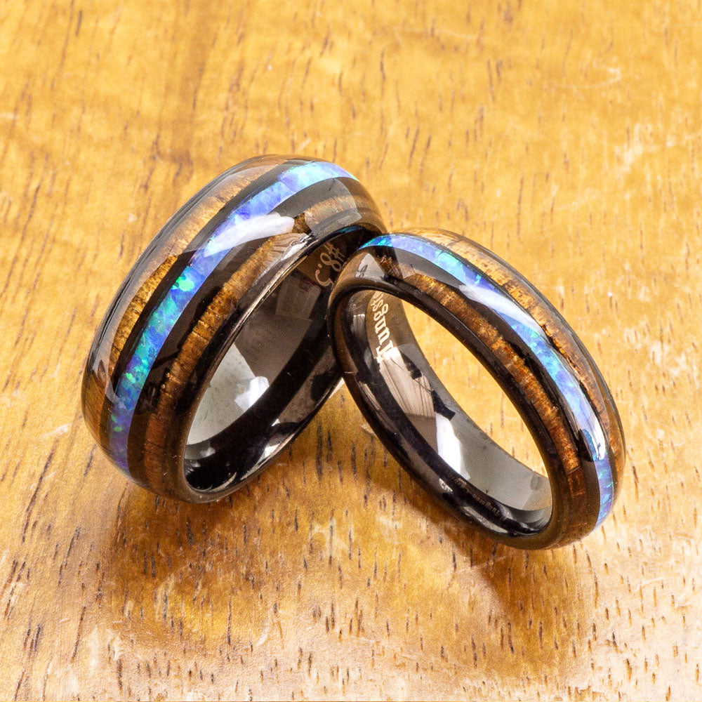 Opal Black Tungsten Ring with Koa Wood Inlay