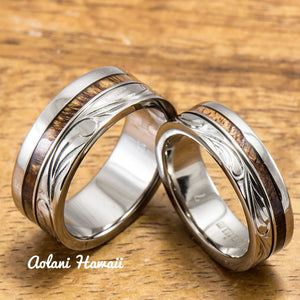 Titanium Wedding Ring Set with Hawaiian Koa Wood Inlay (6mm - 8mm Width, Flat Style) - Aolani Hawaii - 1